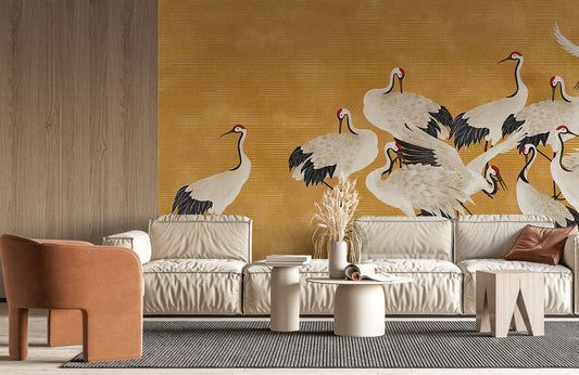 Gold Japanese Crane Bird Mural Wallpaper