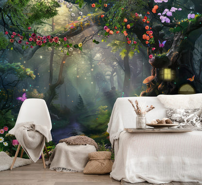 Enchanted Forest Bath Mural Wallpaper in living room