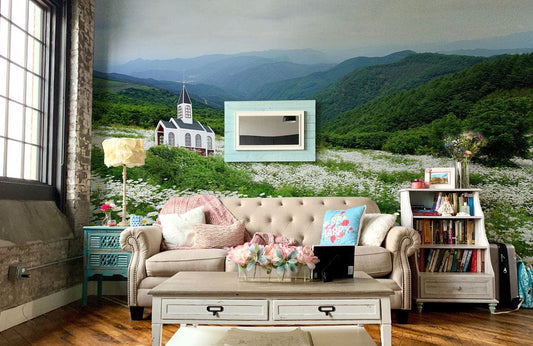 Wall Mural with Daisies and a Mountain for Your Family Room