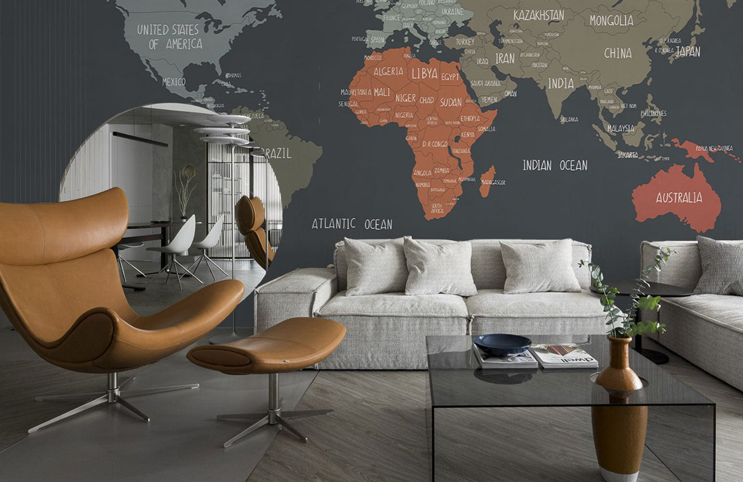 Wallpaper mural in the form of a dark country map for the living room's decor