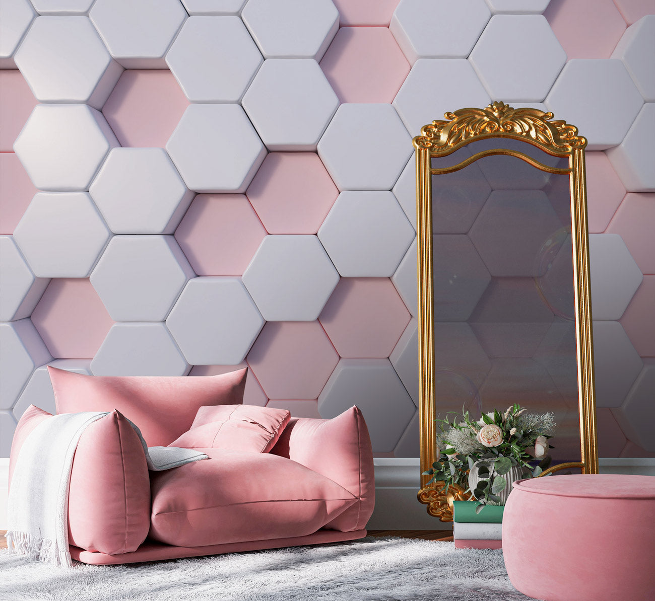 Hexagon Delight Mural Wallpaper in living room