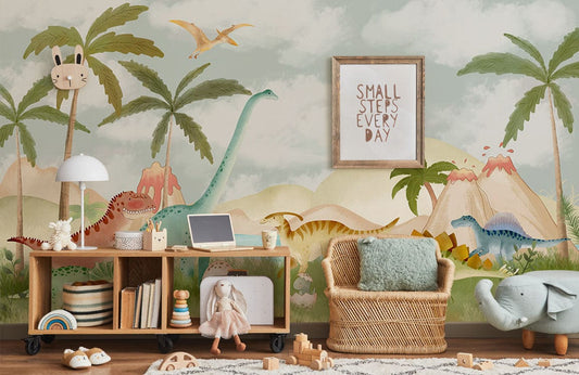 Whimsical Dinosaur Themed Kids Mural Wallpaper