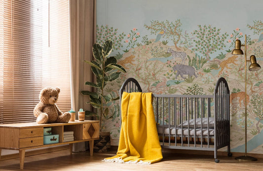 Wallpaper mural featuring energising mountains for use in decorating a nursery