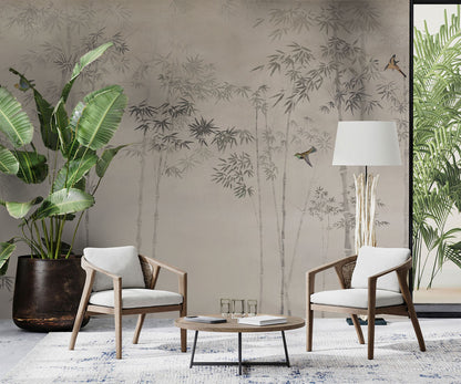 Misty Bamboo Grove Mural Wallpaper in living room