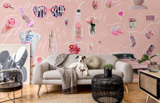 Playful Pink Whimsical Graphic Mural Wallpaper