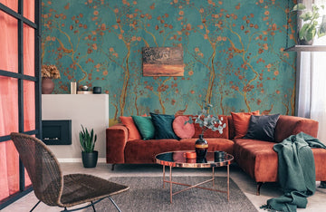 Vintage Blue Floral Bird Mural Wallpaper