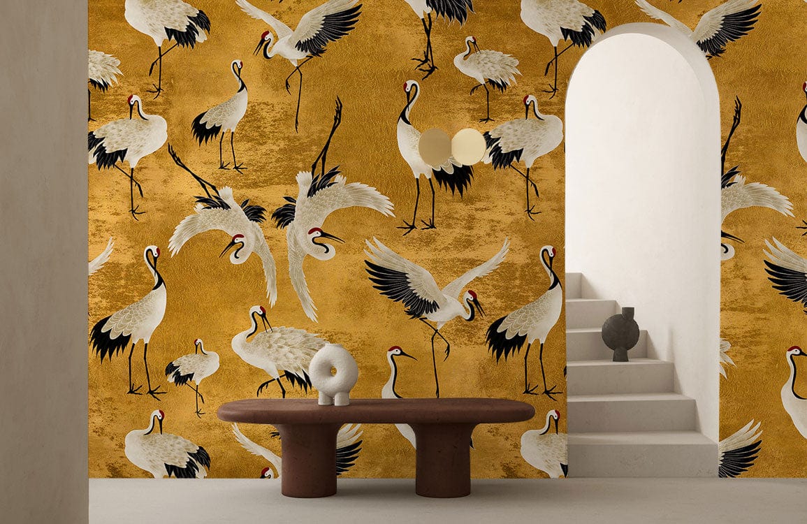 Golden Elegant Cranes Wallpaper Mural