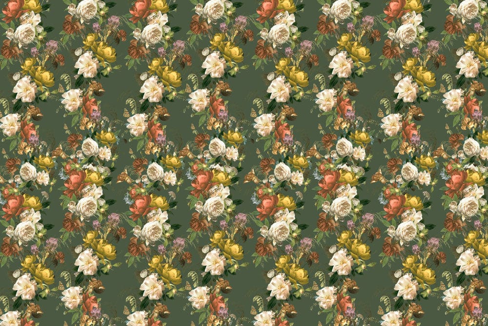 Vintage Floral Bouquet Green Mural Wallpaper