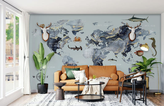 World Map Ocean Animals Mural Wallpaper