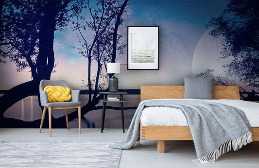 Tranquil Moonlit Lake Scenery Mural Wallpaper