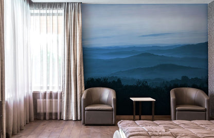Wallpaper mural with ombre blue hilltops, perfect for decorating the living room.