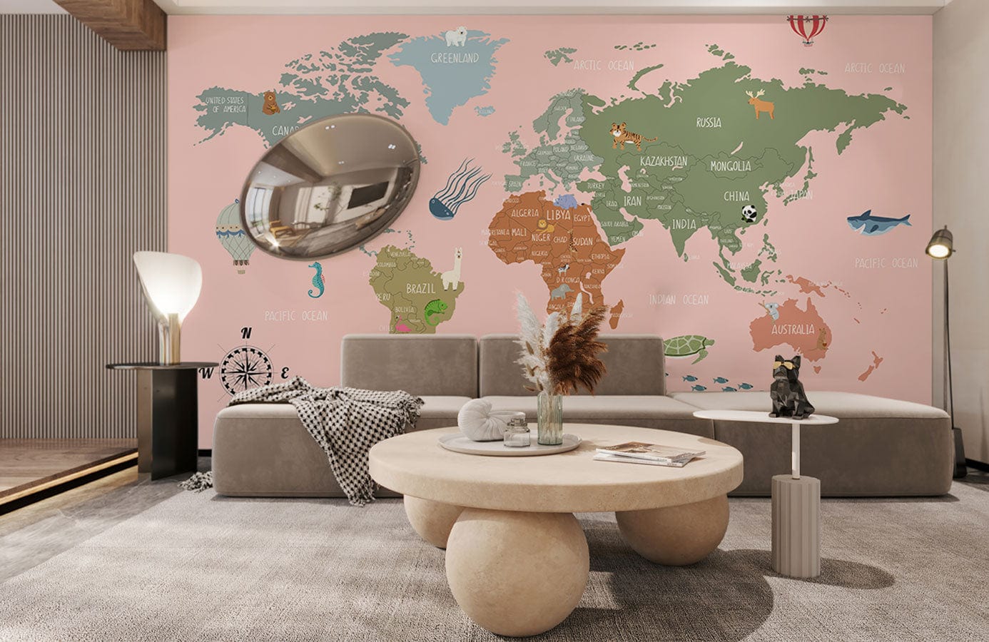 Mural wallpaper design featuring a pink cartoon map for use in decorating the living room