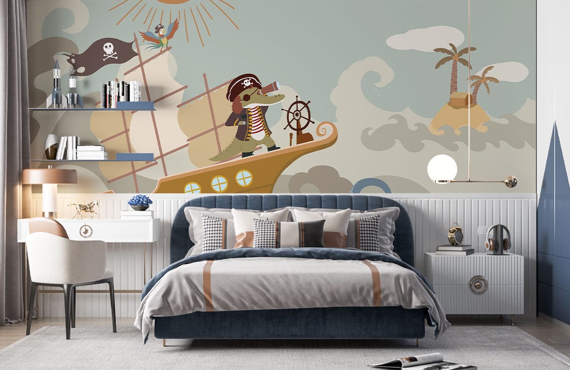 Cartoon Mural Wallpaper with Pirate on Ocean Scene for Bedroom Decoration