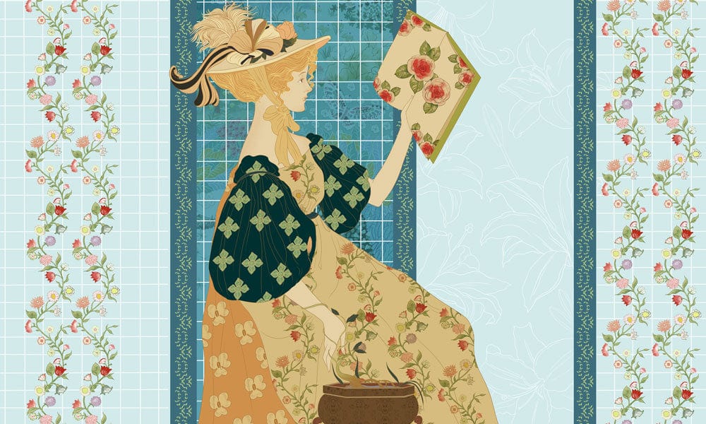 Vintage Floral Girl Reading Art Nouveau Mural