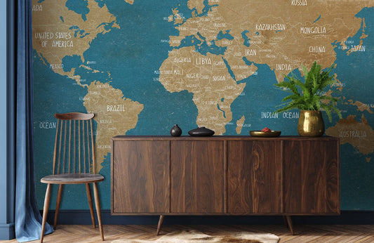 Vintage World Map Textured Mural Wallpaper