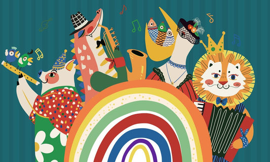 Wallpaper mural for home decoration with various animals participating in a symphonic performance