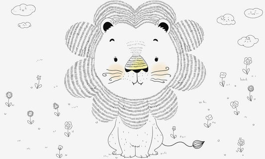 Mural wallpaper depicting an unpainted lion, ideal for usage as a subtle accent piece inside the home.