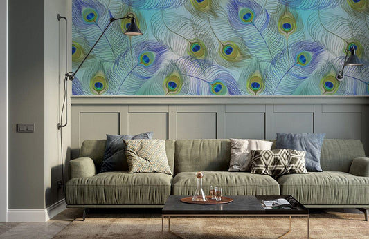 Wallpaper mural featuring a turquoise peacock feather design, perfect for decorating the living room.