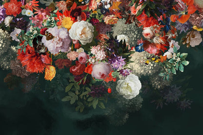 Wallpaper mural for home decoration featuring colourful flowers floating in water; available for purchase