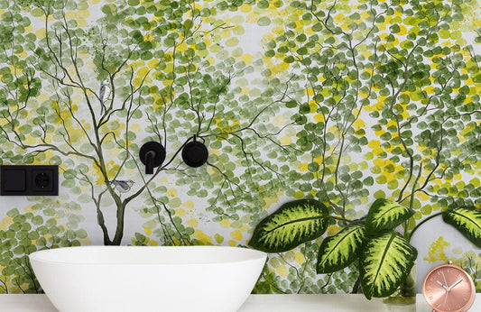 Wallpaper mural for the bathroom with a watercolor painting of spring trees.