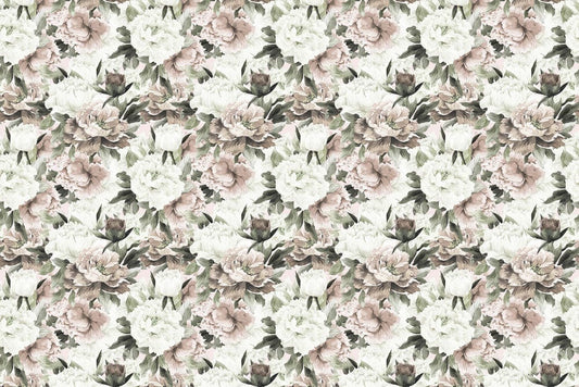 White and other neutral colours are used in the floral wall mural wallpaper.