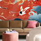 Crane Dance Amidst Ocean Waves Mural Wallpaper in living room