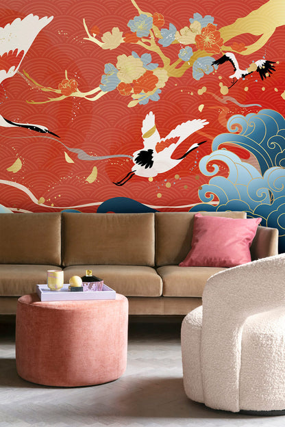 Crane Dance Amidst Ocean Waves Mural Wallpaper in living room