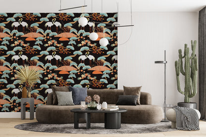 Elegant Cranes & Lotus Mural Wallpaper in living room