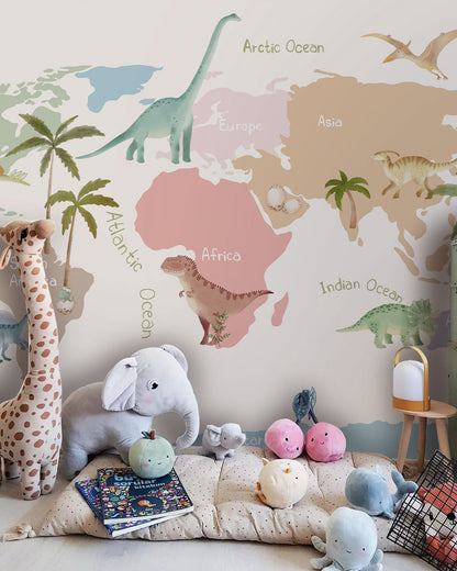 Dinosaur World Map Kids Wallpaper in child's room