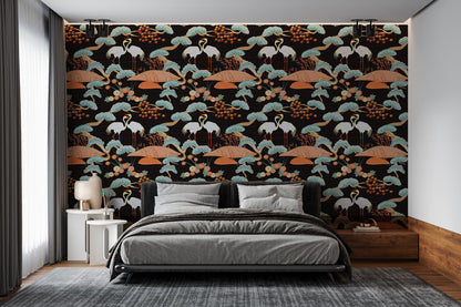 Elegant Cranes & Lotus Mural Wallpaper in bedroom