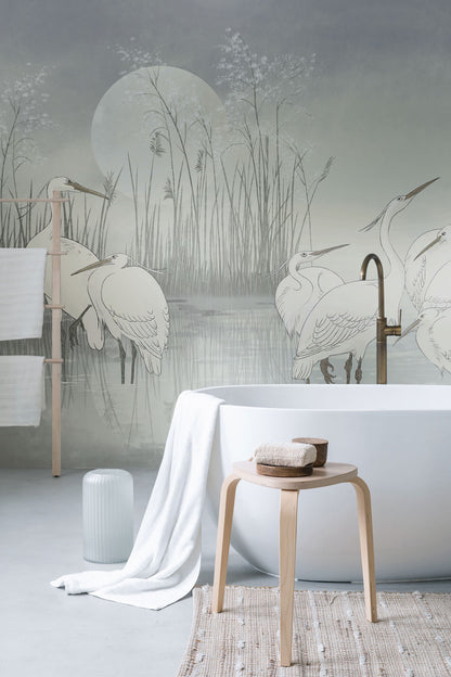 Moonlit Egret Gathering Mural Wallpaper in bathroom