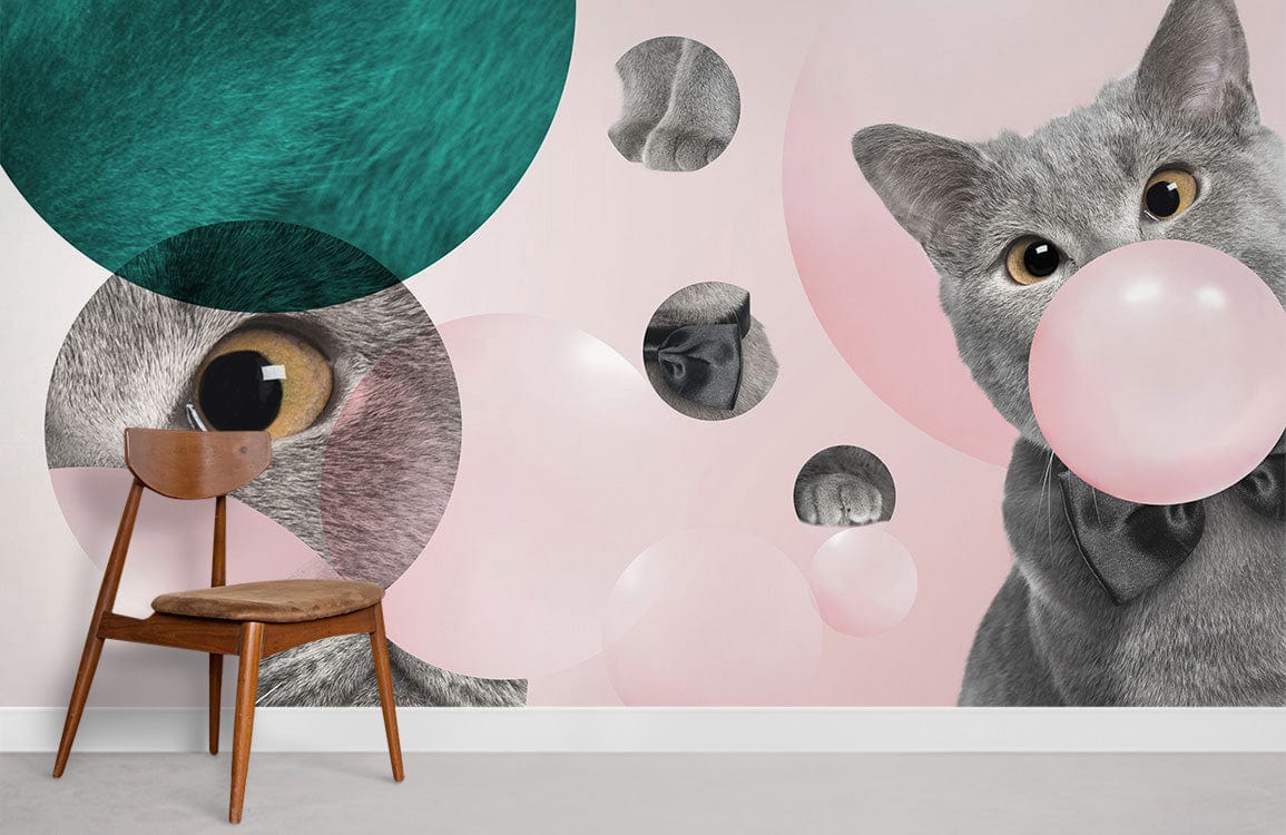 Whimsical Cat Illustration Pink Mural Wallpaper