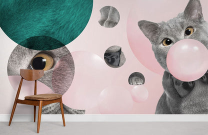 wall decals of a lovely blue kitten with pink bubbles