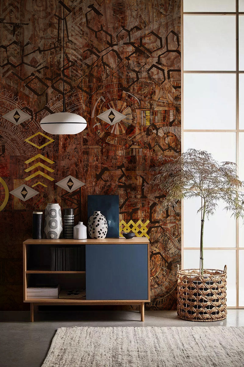 Tribal Fusion Mural Wallpaper in living room