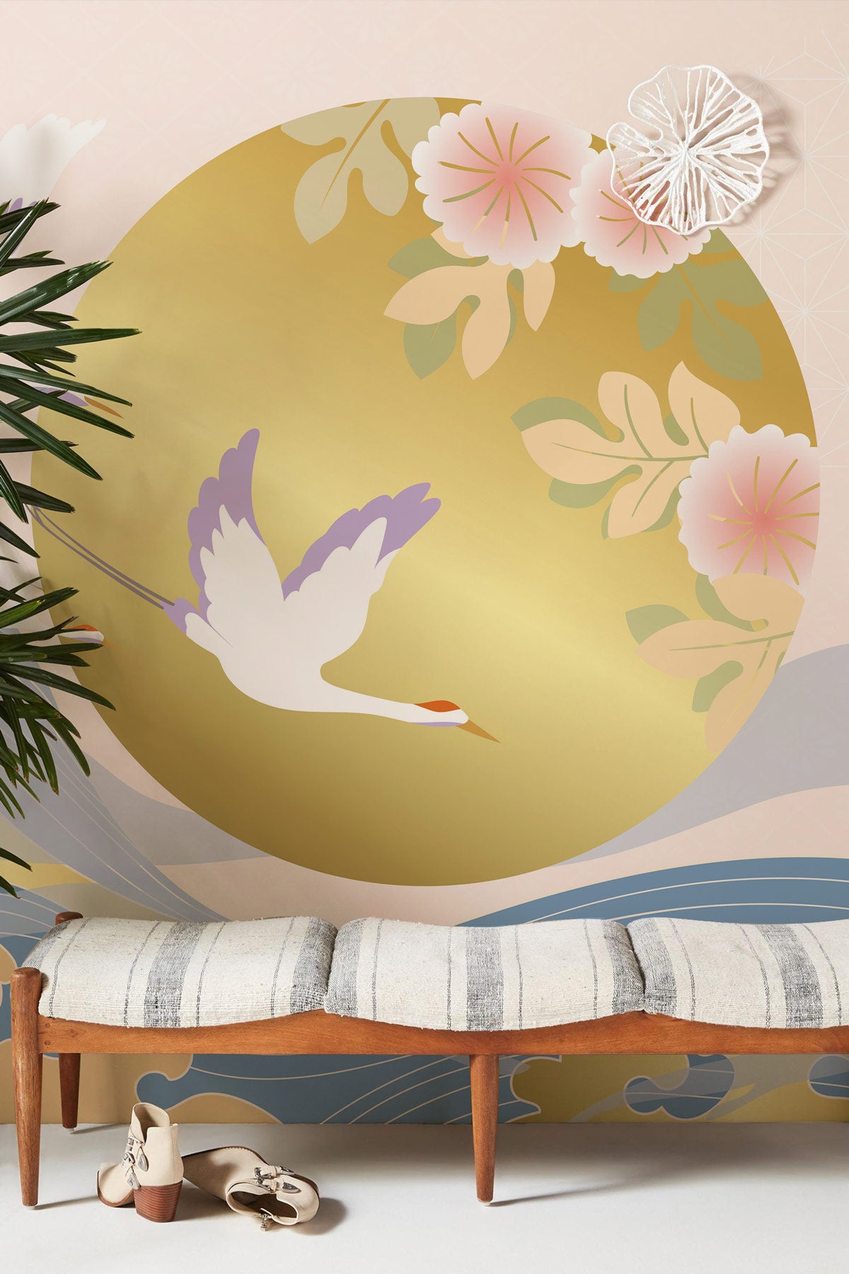 Golden Sunrise & Cranes Mural Wallpaper in entryway