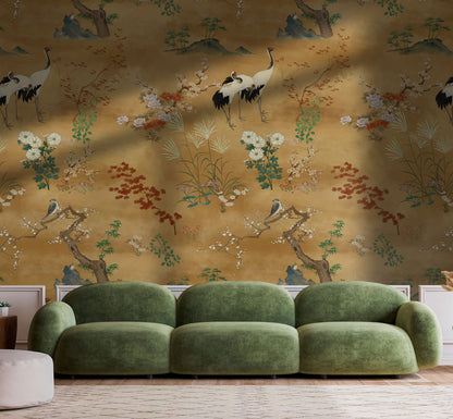 Golden Meadow Cranes Mural Wallpaper in living room