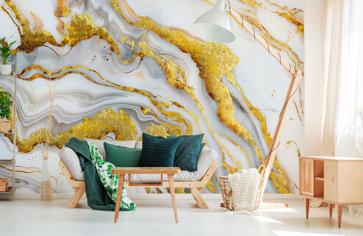 Luminous Gold Flow Mural Wallpaper in living room