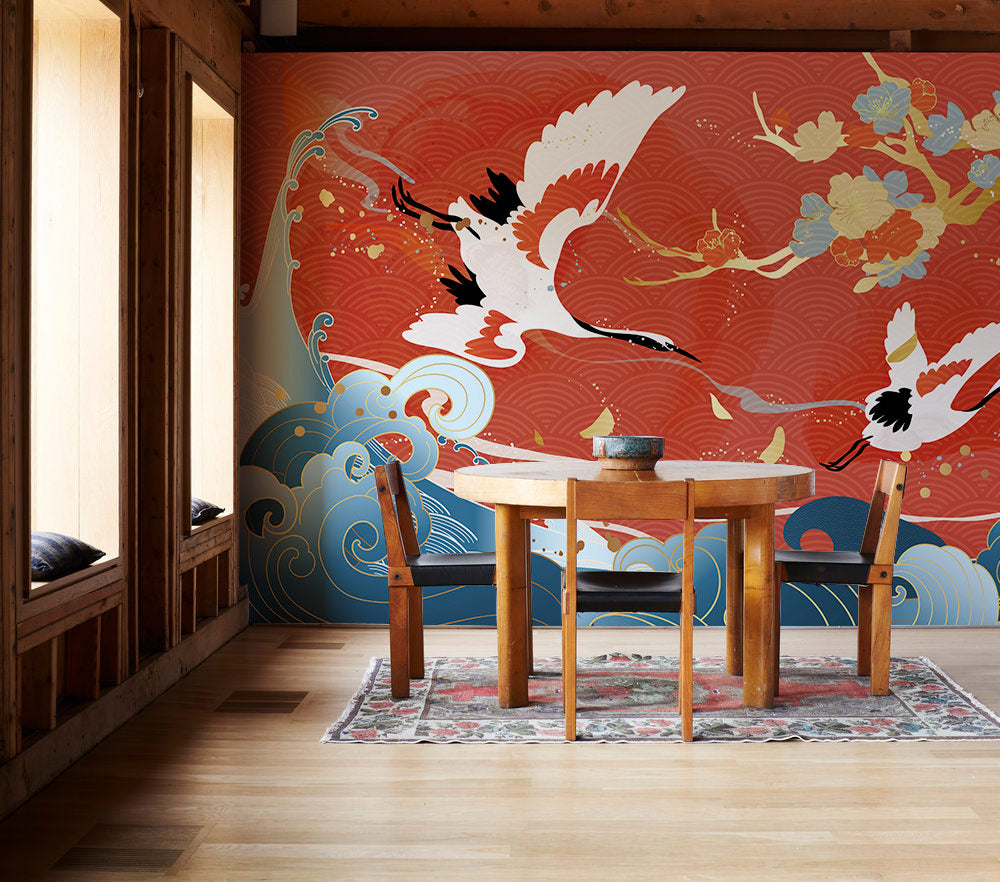 Crane Dance Amidst Ocean Waves Mural Wallpaper