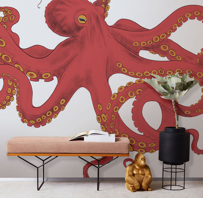 Vibrant Red Octopus Sea Life Wallpaper in living room