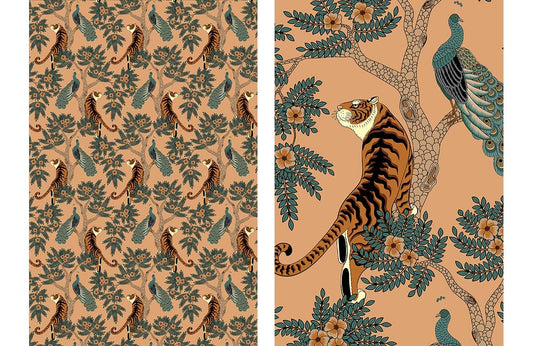 Tropical Tiger and Peacock Mural Wallpaper in Vintage Earthy Tones.