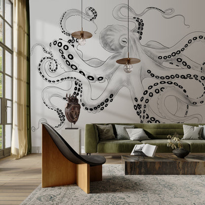 Nautical Black White Octopus Wallpaper in living room