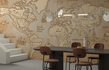 Vintage World Map Nautical Wallpaper in dining room