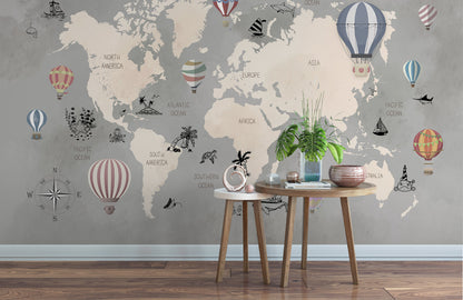 Whimsical World Map Hot Air Balloons Mural Wallpaper in living room
