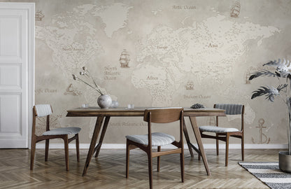 Vintage World Map Nautical Wallpaper in dining room