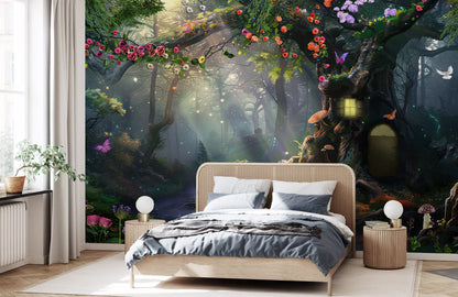 Enchanted Forest Bath Mural Wallpaper in bedroom