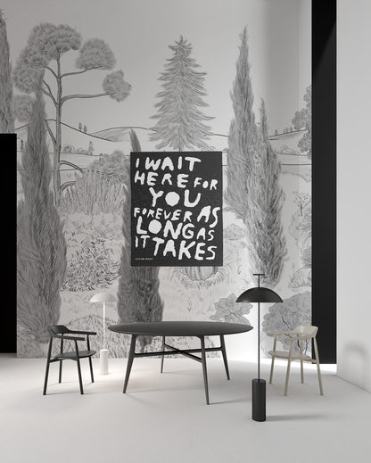 Monochrome Scenic Botanical Forest Wallpaper in dining room
