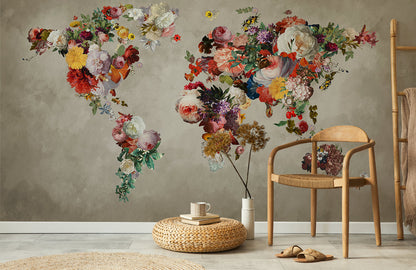 Floral World Map Wall Mural Wallpaper in living room