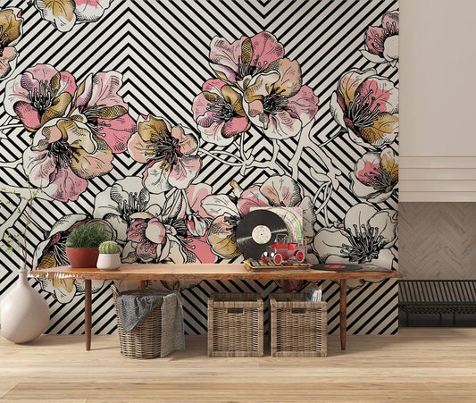 Geometric Blossom Stripe Wallpaper