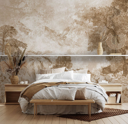Vintage Botanical Jungle Forest Wallpaper in bedroom