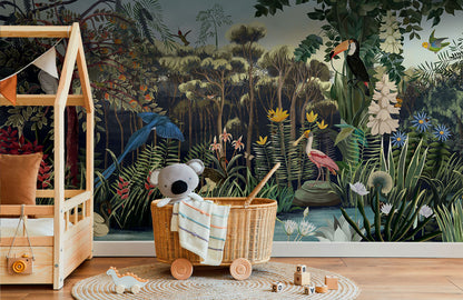 Lush Tropical Jungle Wildlife Wallpaper in child's room